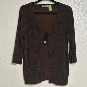 Islander Damask Flocked Layered Look Tie Front Top 3/4 Sleeve Brown Whimsygoth M